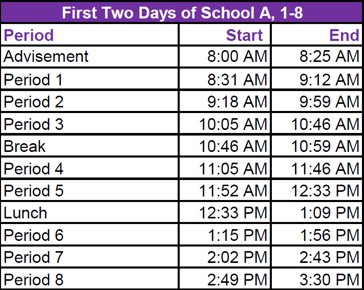 First day of school schedule