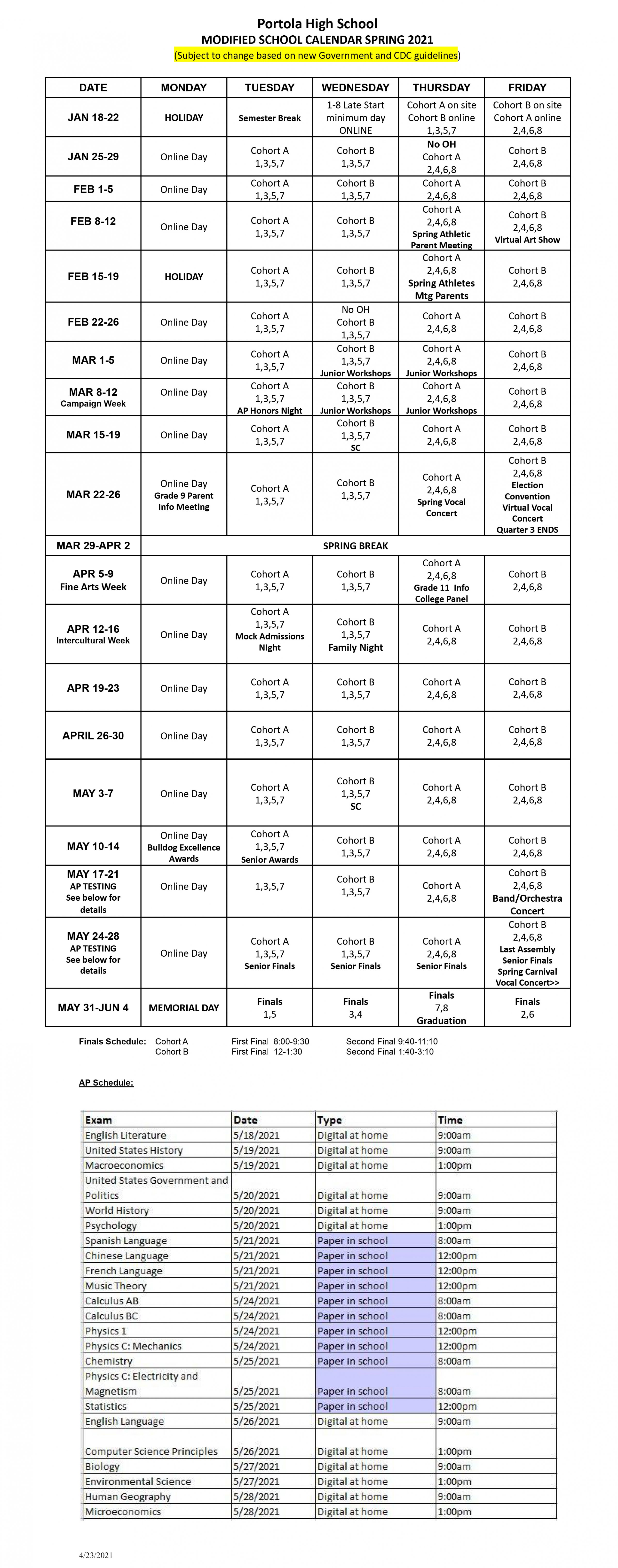 Portola Middle School Calendar
