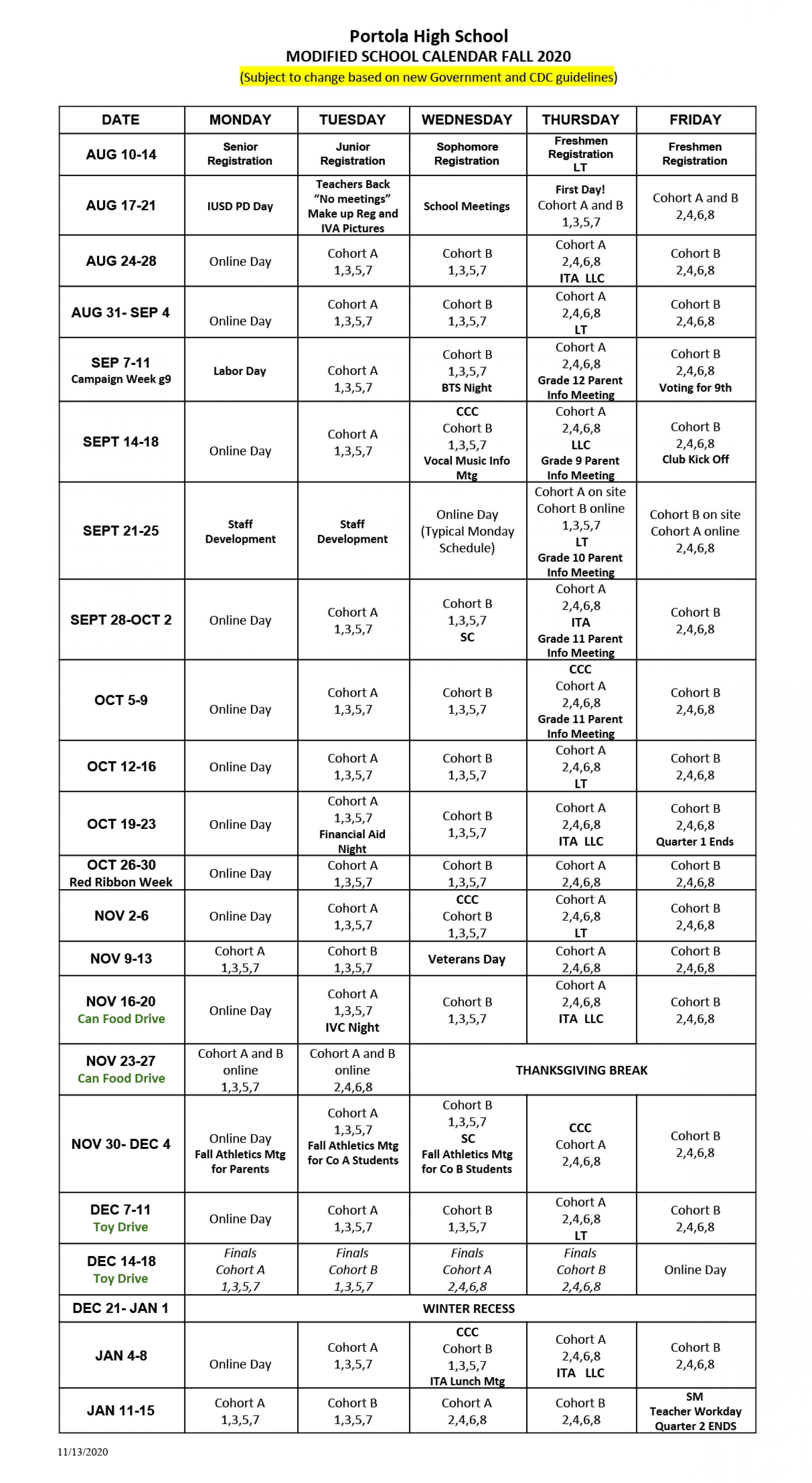 PHS Calendars Portola High School