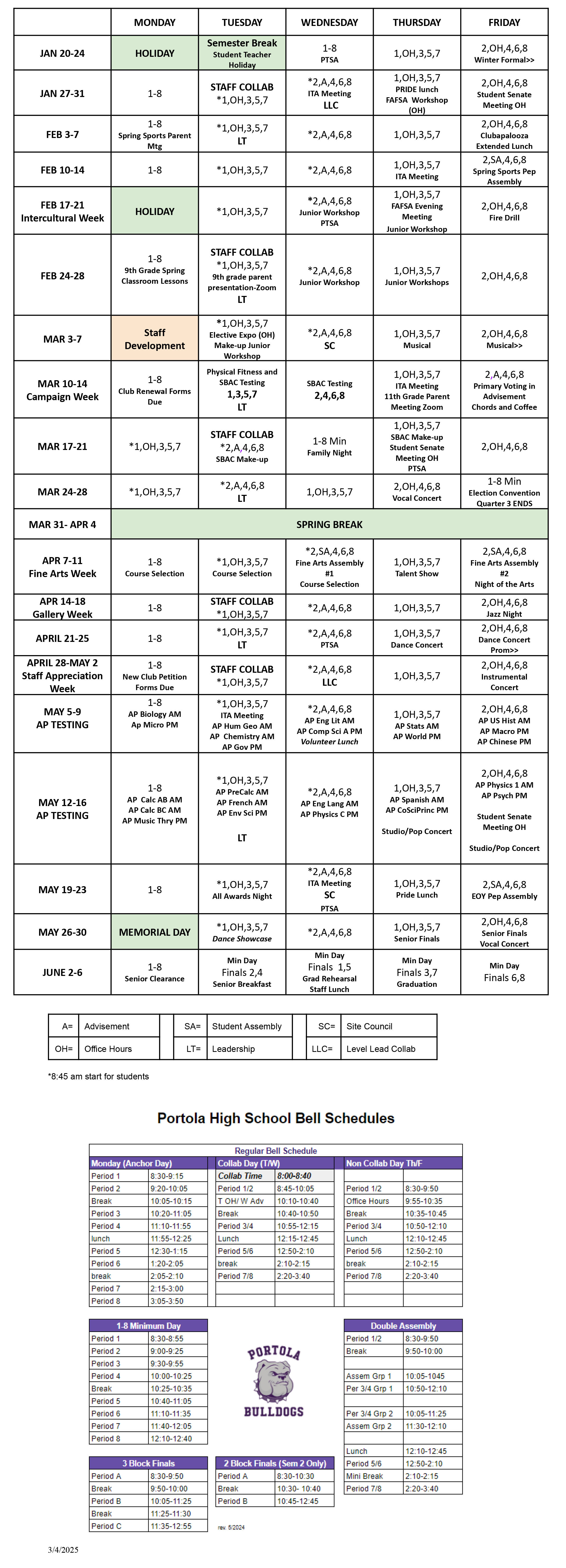 CompleteSchoolCalendarPHSSpring2025-Rev 3-4-25