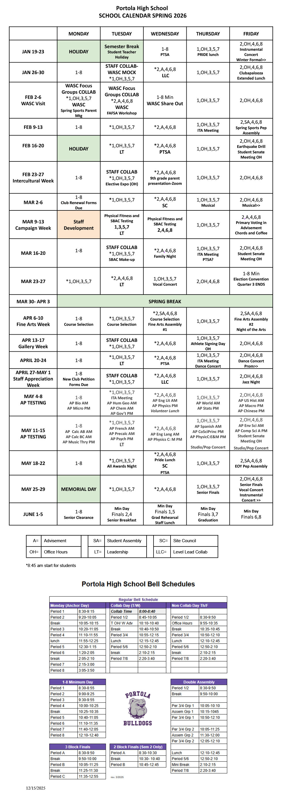 Complete School Calendar PHS Spring 2026 Rev 12 15 26